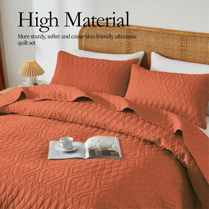 akkialla Full/Queen Size Quilt Bedding Set Burnt Orange Lightweight Microfiber Soft Bedspread Modern Style Geoetric Pattern Coverlet Set for All Seasons 3 Piece(1 Quilt 2 Pillow Shams) - Image 3